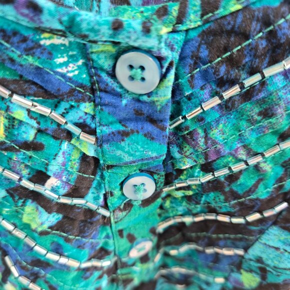 Catherines Black Blue Green Tropical Plant Beaded Buttons Cotton Tank 4x 30/32W - Picture 4 of 14